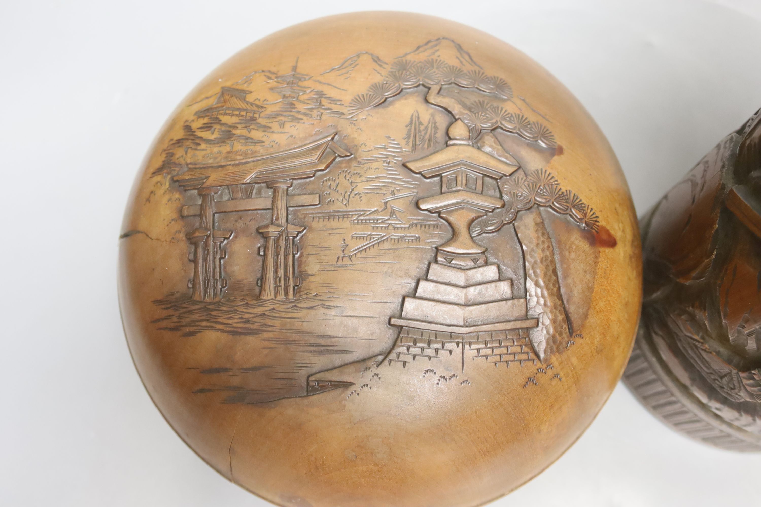 A Japanese carved bamboo brushpot, height 45cm, and Japanese carved wood circular lidded box